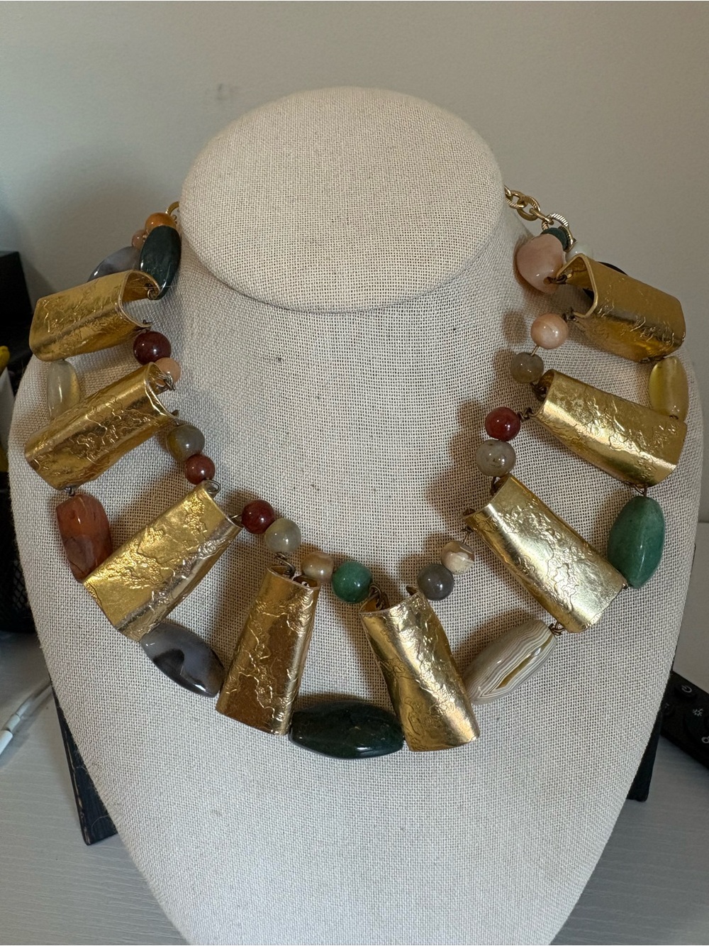 Lee Menichetti vintage brutalist necklace gold tone metal semi precious stones
